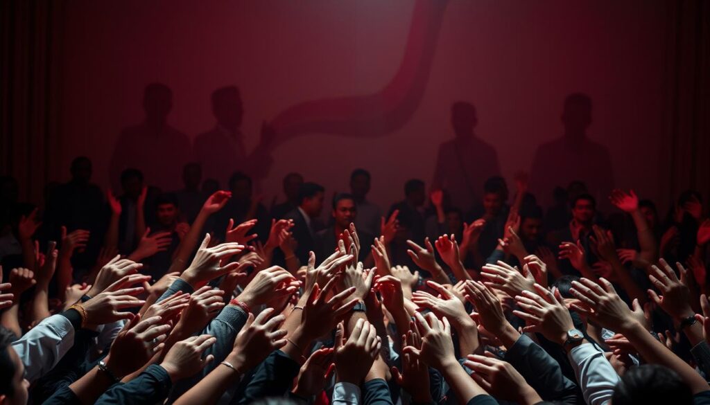 A crowded political stage, illuminated by a warm, dramatic lighting. In the foreground, a tangle of hands and arms representing various political parties, symbolizing the dynamic coalitions and negotiations. In the middle ground, shadowy figures of politicians engaged in heated discussions, their expressions conveying the complexity and tensions of the process. The background is a hazy, abstract representation of the larger political landscape, with subtle hints of the nation's flag or other symbolic elements. The overall mood is one of intensity, uncertainty, and the high-stakes nature of coalition-building in the Indonesian political system.