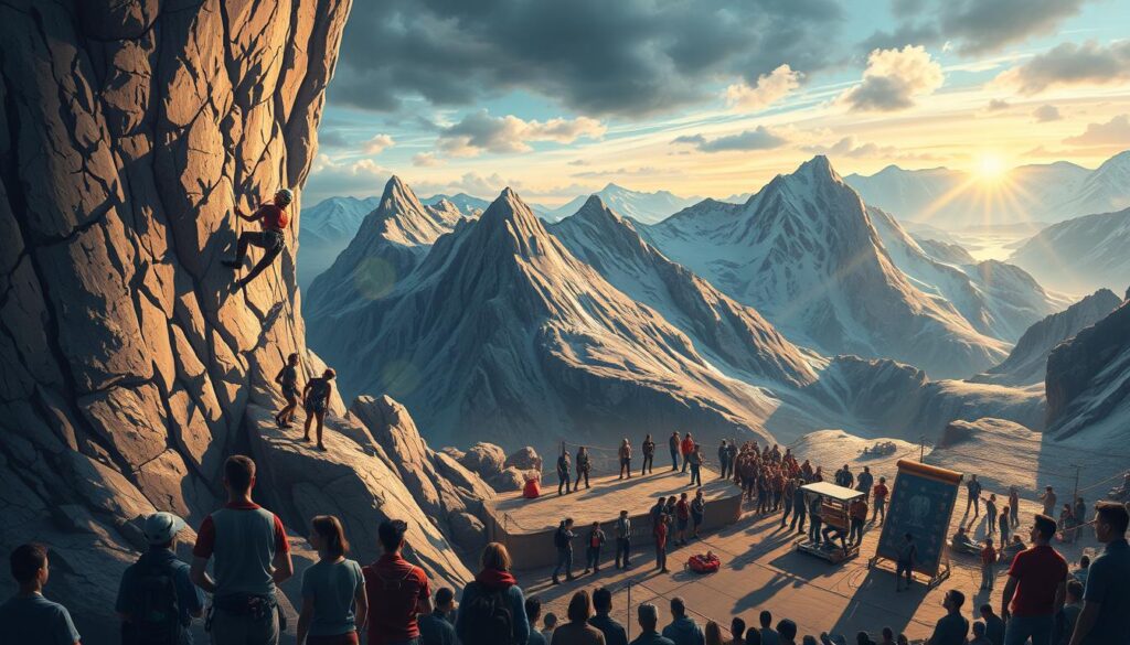 A detailed and technically-accurate illustration of a rock climbing competition format. Foreground features athletes in climbing gear performing various disciplines like lead climbing, bouldering, and speed climbing on a visually-striking rock wall. Middle ground showcases spectators, equipment, and judges. Background depicts the natural landscape of a mountainous region with dramatic lighting and atmospheric effects. The overall scene conveys the thrilling, high-stakes atmosphere of an international-level climbing competition.