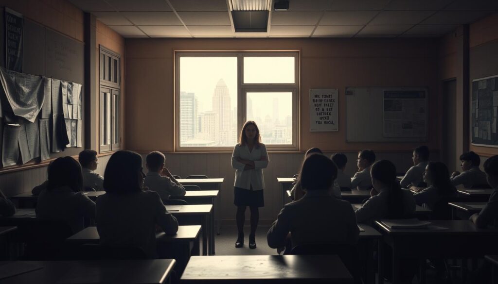 A dimly lit classroom in a private school, desks arranged in neat rows, the walls adorned with faded motivational posters. In the foreground, a group of students, some hunched over their work, others exchanging hushed whispers. The middle ground reveals a weary-looking teacher, standing before the class, her face etched with concern. Through the windows, a cityscape of towering buildings and bustling streets, a constant reminder of the challenges faced by this institution. The lighting is soft and moody, creating a sense of tension and uncertainty. The overall atmosphere conveys the struggles and hardships experienced by private schools, caught in the crosshairs of educational policy debates.