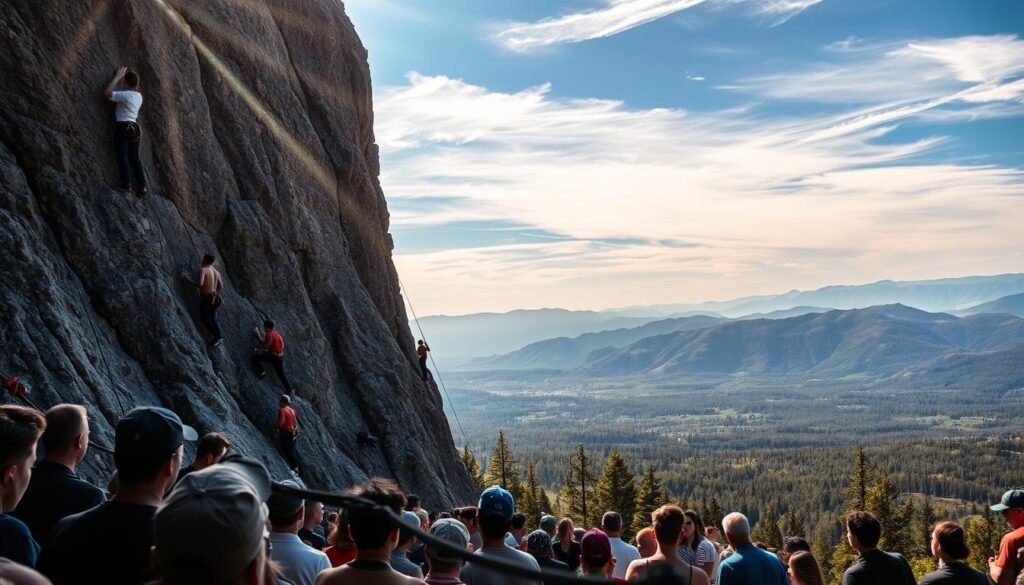 A dramatic rock climbing competition unfolding against a towering, rugged cliff face. Climbers cling to the uneven surface, their bodies tense with exertion as they ascend the treacherous route. Sunlight filters through wispy clouds, casting dramatic shadows and highlights across the scene. In the foreground, the audience watches with rapt attention, their faces filled with anticipation. The middle ground is a maze of ropes, harnesses, and technical equipment, while the background is a panoramic vista of lush, verdant forests and distant peaks. An aura of challenge, skill, and triumph permeates the entire composition.