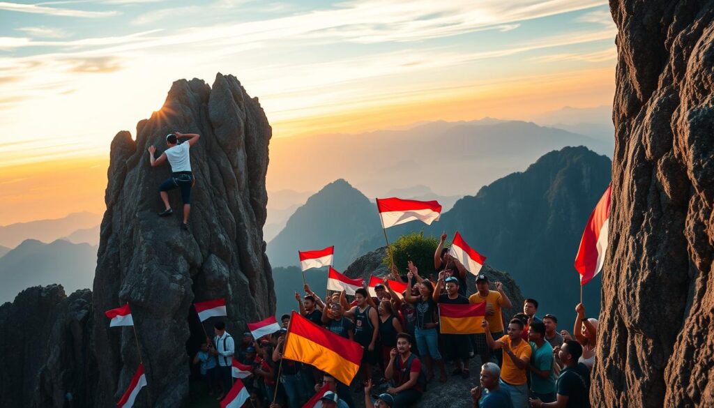 A dynamic composition capturing the triumph of Indonesian rock climbing athletes on the world stage. In the foreground, a skilled climber scaling a towering, rugged cliff face, their muscles taut with determination. Mid-ground, a cheering crowd of supporters, waving Indonesian flags, their faces alight with pride. In the background, a sweeping vista of majestic mountains, bathed in the warm glow of golden-hour lighting. The scene exudes a palpable sense of accomplishment, highlighting Indonesia's rising prowess in the thrilling sport of competitive rock climbing.