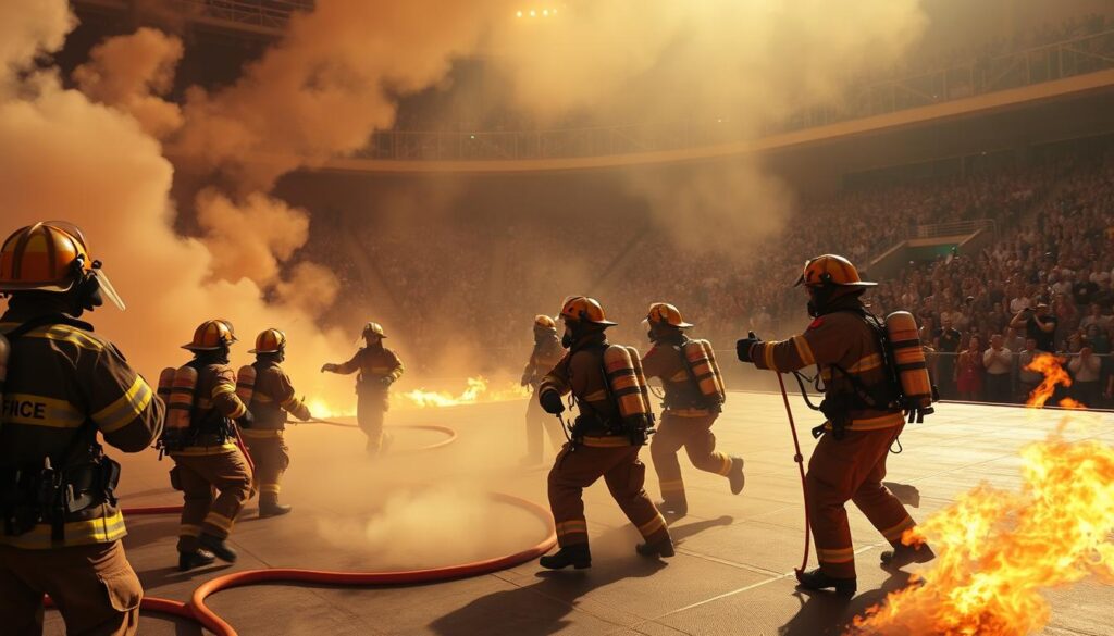 A global firefighting demonstration taking place on a vast, expansive stage. In the foreground, a team of firefighters in full protective gear performs a daring rescue, their faces hidden behind masks. Billowing smoke and flames lick at the edges of the scene, creating a sense of urgency and intensity. The middle ground features a diverse array of firefighting equipment, including hoses, ladders, and specialized tools, all gleaming under the warm, golden lighting. In the background, a crowd of spectators watches in awe, their expressions a mix of admiration and solidarity. The scene is captured with a wide, cinematic lens, emphasizing the scale and grandeur of the event, conveying the international nature of the World Police and Fire Games 2025 in Indonesia.