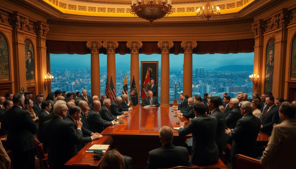 A grand, ornate conference hall with intricate architectural details, illuminated by warm, focused lighting. In the foreground, a group of political leaders from various parties gathered around a large, polished wooden table, engaged in lively discussions. Their expressions range from contemplative to animated, reflecting the complexities of coalition politics. In the middle ground, aides and advisors stand by, observing the proceedings. The background features stately columns, tapestries, and a panoramic view of a bustling city skyline, symbolizing the broader context of national governance. The overall mood conveys a sense of collaborative decision-making, with an air of gravity and purpose.