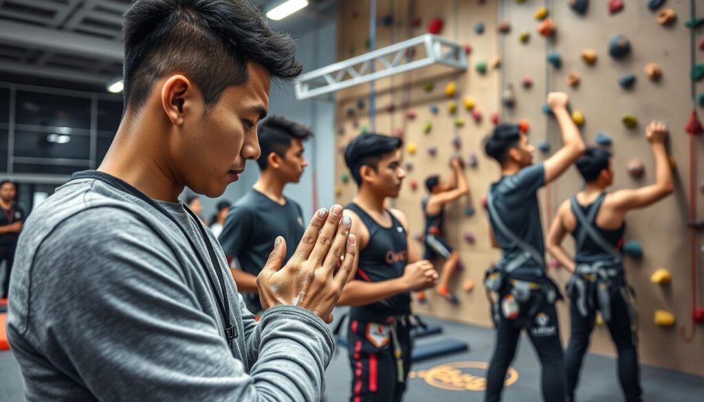 A high-resolution photograph of a group of professional rock climbers in their training gear, preparing for the upcoming SEA Games competition. The athletes are shown in a well-lit indoor climbing gym, focused on their warm-up exercises and stretching routines. The foreground features a climber chalking up their hands, while in the middle ground, others are practicing their technique on the climbing wall. The background showcases the gym's modern facilities, including safety equipment and training aids. The overall atmosphere conveys a sense of intense focus, determination, and the rigorous training regimen these athletes undergo to hone their skills and be ready for the upcoming competition.