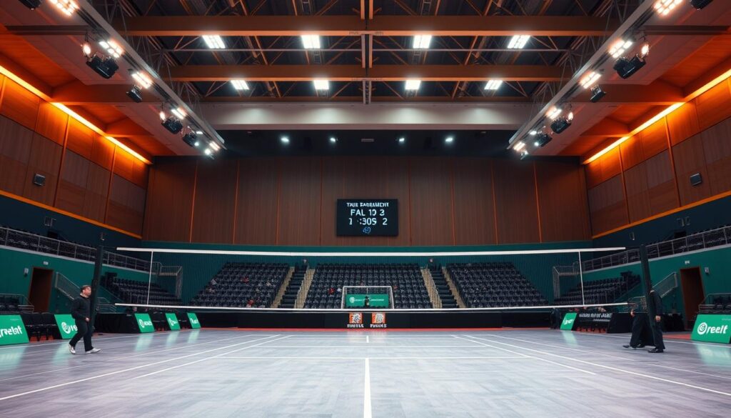 A large indoor badminton court, illuminated by warm overhead lighting, with a sleek, modern scoreboard and spectator seating visible in the background. The court is pristine, with the badminton net stretched tightly across the center, awaiting the arrival of players. The atmosphere exudes a sense of anticipation, as if the tournament is about to begin. The prompt evokes a visually appealing and immersive scene that captures the essence of a badminton tournament, without any distracting text or overlays. Prompt A large, well-lit indoor badminton court with a modern, high-tech scoreboard and spectator seating in the background. The net is taut, ready for an exciting match. The scene conveys a sense of anticipation and professionalism, capturing the atmosphere of a major badminton tournament.