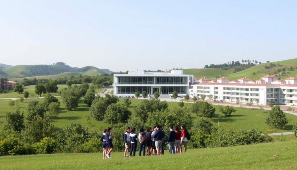 A large, modern educational campus nestled in a lush, verdant landscape. In the foreground, a group of students in uniforms stand gathered, engaged in animated discussion. The middle ground features a state-of-the-art, multi-story building with clean, minimalist architecture and large windows that flood the interior with natural light. In the background, rolling hills and a clear sky create a serene, peaceful atmosphere. The scene conveys a sense of intellectual rigor, collaborative learning, and a holistic approach to education that prepares students for future success.