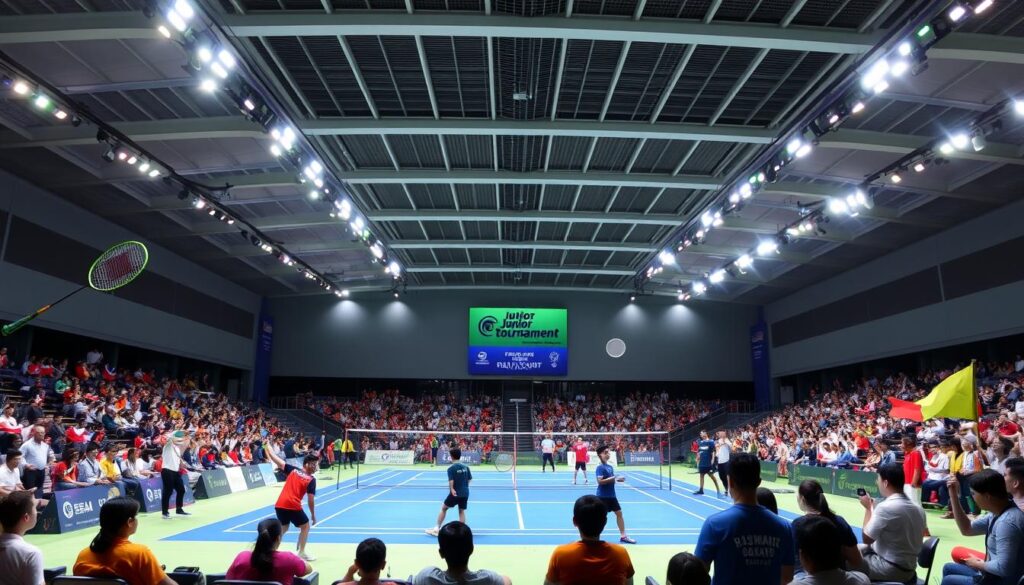 A massive indoor arena with a vibrant international badminton tournament in progress. The foreground features a well-lit badminton court with players in colorful uniforms engaged in an intense match, rackets raised, shuttlecocks in mid-air. The middle ground showcases spectators in the stadium seating, waving flags and cheering enthusiastically. The background reveals a sleek, modern facility with high ceilings, bright lighting, and the tournament's branding prominently displayed. The overall atmosphere conveys the energy, competitiveness, and global nature of this prestigious junior badminton event.
