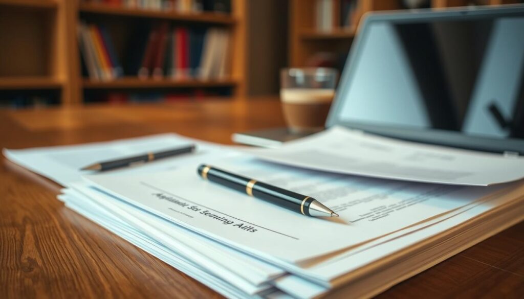 A neatly organized stack of documents and application forms on a wooden desk, bathed in warm, diffused lighting. In the foreground, a pen rests atop the papers, ready to fill in the scholarship requirements. The middle ground features a laptop and a cup of coffee, creating a focused, professional atmosphere. In the background, a subtle, blurred bookshelf hints at the academic setting. The overall composition conveys a sense of diligence, attention to detail, and the careful preparation needed for a successful scholarship application.