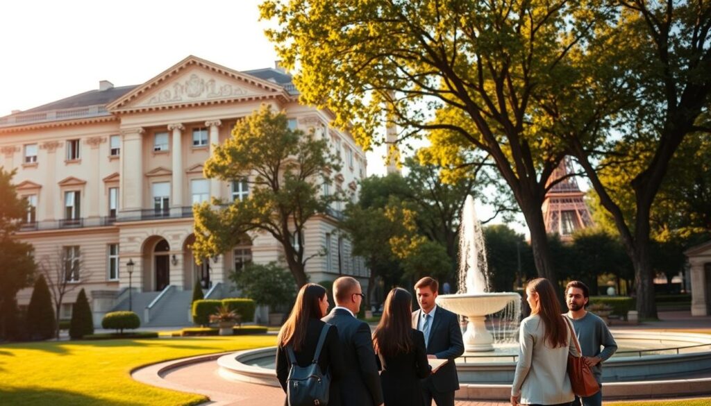 A prestigious academic institution situated in a picturesque Parisian neighborhood, with a grand neoclassical façade bathed in warm afternoon light. In the foreground, a group of students dressed in formal attire gather, discussing the details of the prestigious France Excellence Scholarship Program. The middle ground showcases a serene park-like setting, with leafy trees and a tranquil fountain. In the background, the iconic Eiffel Tower can be seen, symbolizing the cultural and intellectual heritage of France. The overall scene conveys a sense of opportunity, academic excellence, and the allure of French higher education.