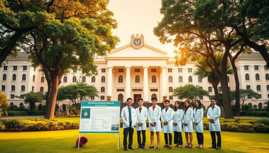 A prestigious university campus set against a backdrop of lush greenery, with a stately building in the foreground featuring the Universitas Ahmad Dahlan crest. In the middle ground, a group of earnest students in crisp white coats, representing the medical program, stand before an informational display on a scholarship opportunity. Warm, golden lighting filters through the scene, conveying a sense of opportunity and academic excellence. The overall atmosphere is one of academic prestige, opportunity, and the transformative power of education.