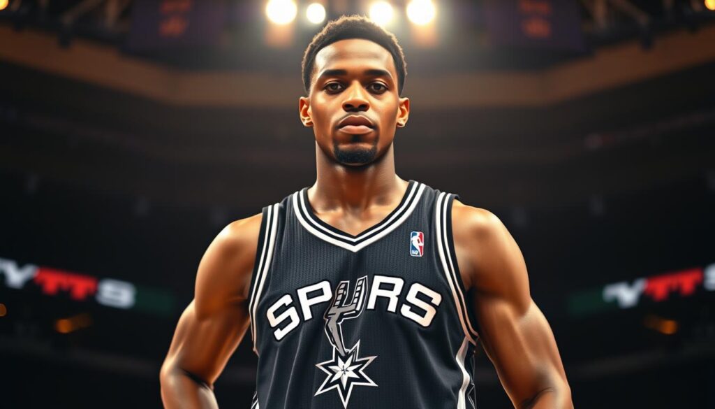 A professional basketball player standing confidently in the center of the frame, wearing the iconic San Antonio Spurs jersey. The jersey features a bold, vibrant color scheme and the team's logo prominently displayed. The player's expression exudes determination and focus, conveying the intensity of their career. The background is blurred, but subtle hints of a basketball court can be seen, emphasizing the player's dedication to the sport. The lighting is warm and dramatic, casting a spotlight on the player and evoking a sense of celebration and accomplishment. The overall composition is balanced and visually striking, capturing the essence of the player's successful NBA career.