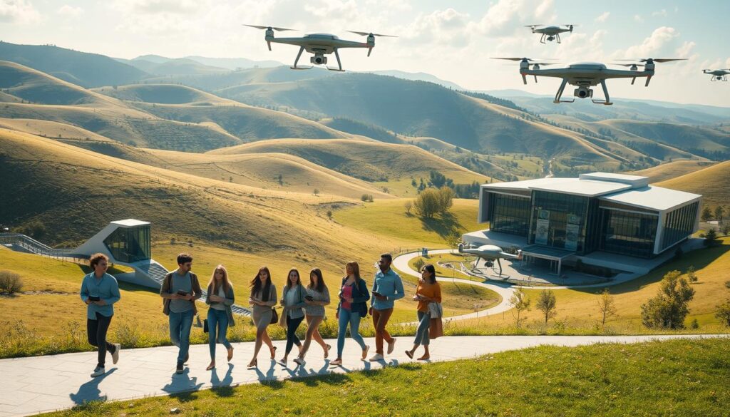A serene, sun-drenched landscape with a grand, futuristic university campus nestled amidst rolling hills. In the foreground, a group of ambitious, diverse young scholars stride confidently, carrying tablets and engaging in animated discussions. The architecture features clean, angular lines and gleaming glass facades, hinting at the institution's commitment to innovation. Hovering overhead, a fleet of autonomous drones monitor the scene, symbolizing the program's embrace of cutting-edge technology. The overall atmosphere conveys a sense of boundless potential, as these future leaders embark on their transformative academic journey.