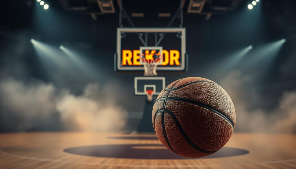 A sports arena with a dramatic spotlight illuminating a basketball hoop and backboard. The backboard is emblazoned with the word "REKOR" in bold, metallic lettering, casting a glowing reflection on the polished court. In the foreground, a single basketball hovers, seemingly frozen in midair, its surface shimmering with intricate detail. The background is shrouded in a hazy, ethereal glow, creating a sense of mystique and grandeur befitting the significance of the record-breaking achievements showcased. The overall atmosphere is one of power, legacy, and the awe-inspiring moments that define a legendary basketball career.