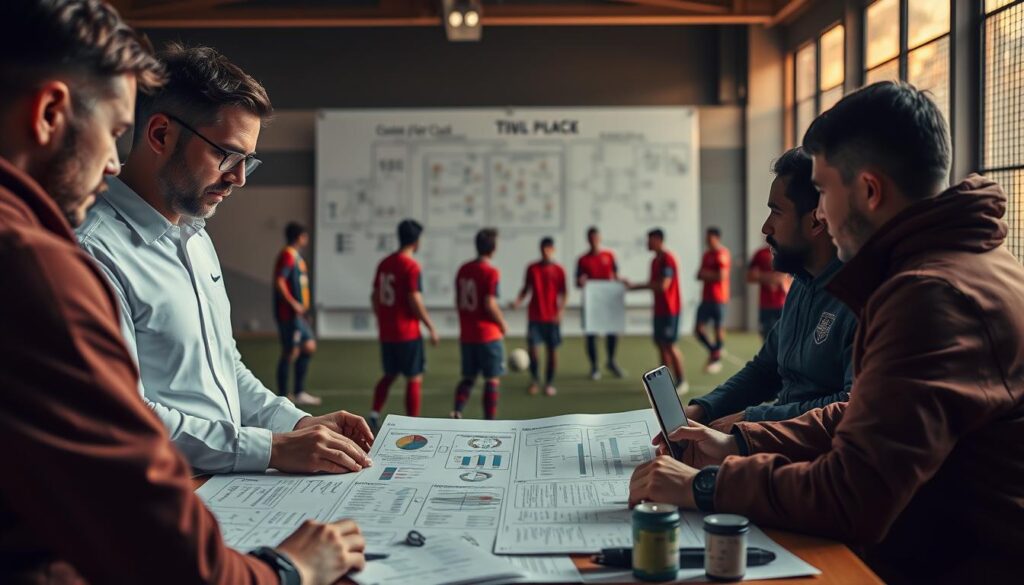 A strategic recruitment team is carefully analyzing foreign players, their skills, and potential fit for the club. In the foreground, a coach and scouts review detailed player profiles, evaluating statistics, highlights, and scouting reports. In the middle ground, a whiteboard displays complex algorithms, weighted factors, and potential lineup formations. The background depicts the club's training facilities, with players in action, honing their craft. Warm lighting casts a contemplative mood, as the recruitment team deliberates the best way to build a championship-caliber roster within league regulations.