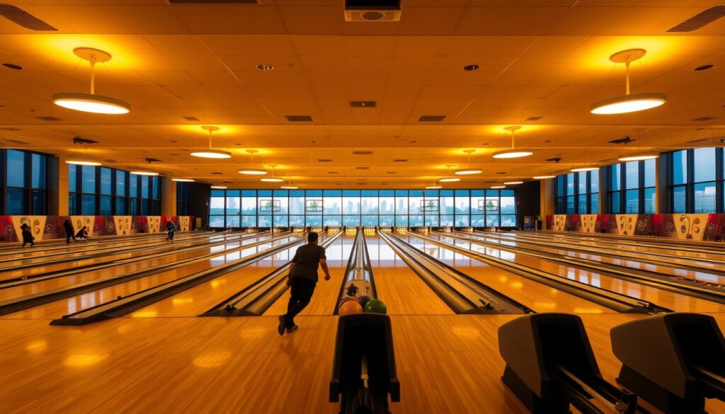 A stunning indoor bowling alley at the Ancol Sports Complex in Jakarta, Indonesia. The sleek, modern lanes are illuminated by warm, overhead lighting, casting a golden glow across the polished wood floors. In the foreground, a group of bowlers focus intently, their brightly colored bowling balls rolling smoothly down the lanes. The middle ground showcases the impressive facility, with high ceilings, glass walls, and spectator seating. In the background, the iconic Ancol skyline is visible through the windows, adding a sense of place and context. The atmosphere is one of competition, skill, and camaraderie, perfectly capturing the spirit of the Jakarta Bowling Governor's Cup.