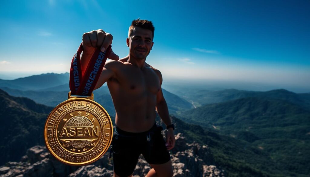 A triumphant climber stands atop a rugged, sun-dappled mountain, clutching a gleaming gold medal. The athlete's powerful silhouette is framed against a panoramic vista of lush, verdant hills and a clear azure sky. Dramatic chiaroscuro lighting casts dramatic shadows, emphasizing the climber's athletic musculature and determined expression. In the foreground, the medal's intricate design and lustrous finish catch the light, symbolizing the climber's hard-won victory. The scene exudes a sense of achievement, determination, and the beauty of the natural landscape that defines the ASEAN Climbing Championship.