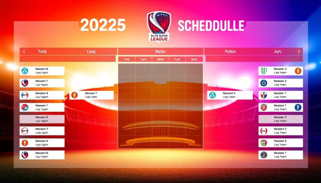 A vibrant and dynamic game schedule for the 2025 Super League, showcasing a sleek and modern design. The foreground features a large, centrally-positioned calendar grid, with team logos and match details elegantly arranged. The middle ground presents a stylized stadium silhouette, conveying the energy and excitement of the upcoming season. The background is a vivid gradient, transitioning from warm tones to cooler hues, creating a sense of depth and visual interest. The lighting is soft and diffused, lending a professional and polished appearance to the entire composition. The overall mood is one of anticipation and enthusiasm, perfectly capturing the essence of the 2025 Super League season.