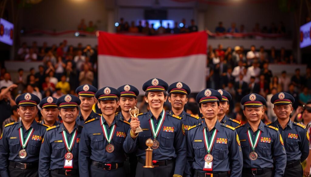 A vibrant and dynamic scene showcasing the achievements of the Indonesian Police Contingent. In the foreground, a group of officers proudly displaying their medals and trophies, their uniforms crisp and their expressions filled with a sense of accomplishment. The middle ground features a backdrop of the Indonesian flag, its bold colors and intricate design creating a patriotic atmosphere. In the background, a blurred crowd of spectators, their cheers and applause creating an air of celebration. The lighting is warm and inviting, casting a soft glow over the entire scene. The camera angle is slightly elevated, giving the viewer a sense of the grandeur and importance of the event. The overall mood is one of national pride, teamwork, and the recognition of the exceptional skills and dedication of the Indonesian Police Contingent.