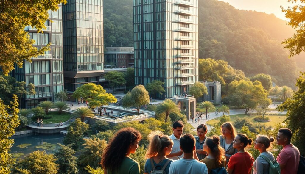 A vibrant, modern educational campus nestled within a lush, verdant landscape. Towering glass-and-steel buildings housing state-of-the-art classrooms and laboratories, bathed in natural light. Students and teachers engage in dynamic, collaborative learning, surrounded by verdant trees and tranquil water features. In the foreground, a group of diverse students animatedly discussing solutions, their faces filled with determination. The scene conveys a sense of innovation, inclusivity, and a commitment to transforming education. Soft, warm lighting imbues the image with a hopeful, inspiring atmosphere.
