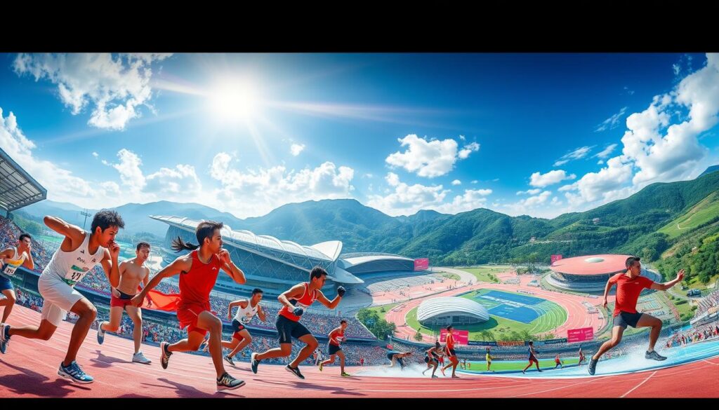 A vibrant, panoramic scene showcasing the marquee sporting events at the upcoming SEA Games. In the foreground, athletes from various disciplines - track and field, martial arts, aquatics - compete with fierce determination, their muscular physiques and dynamic poses captured in crisp, high-definition detail. The middle ground features the iconic arenas and stadiums hosting these prestigious competitions, their modern architectural designs and colorful branding creating a sense of energy and spectacle. In the background, the lush, verdant landscapes of the host nation provide a picturesque natural backdrop, with the bright, sun-dappled lighting casting a warm, celebratory glow over the entire composition. The overall scene conveys the pride, passion, and athletic excellence that define the SEA Games, a premier showcase of Southeast Asia's sporting prowess.
