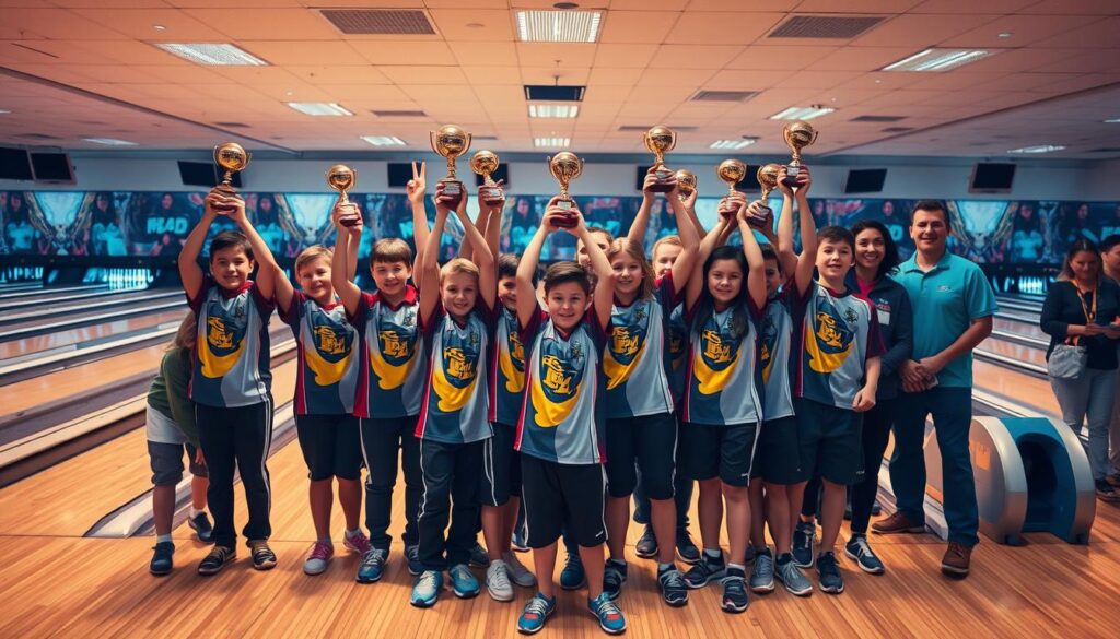 A vibrant scene of a junior bowling team's triumph, captured with cinematic flair. In the foreground, a group of young athletes, their faces alight with joy and pride, holding their trophies high. The middle ground reveals the pristine bowling alley, its polished lanes and sleek equipment reflecting the team's hard-earned skills. In the background, a crowd of cheering fans and coaches, their expressions of admiration and encouragement creating a palpable atmosphere of celebration. Warm, directional lighting accentuates the dynamic poses and emotional expressions, while a wide-angle lens captures the full scope of this triumphant moment. The overall composition conveys a sense of accomplishment, teamwork, and the boundless potential of these rising stars of the junior bowling circuit.