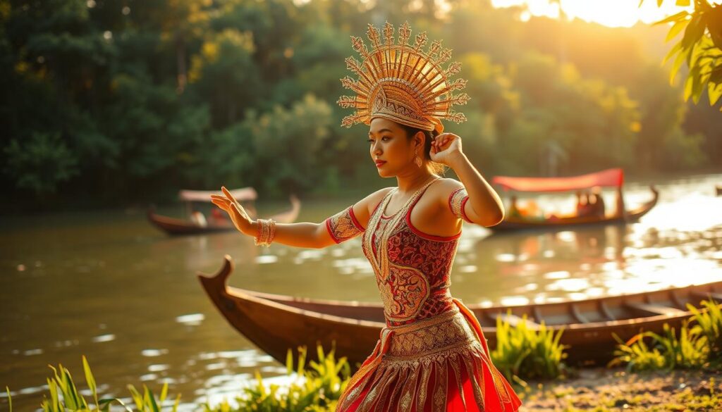 A vibrant scene of a tukang tari pacu jalur, a traditional Malay dancer, performing amidst the lush, verdant setting of a riverbank. The dancer's graceful movements are captured in a close-up, their intricate costume and headdress shimmering under the warm, golden light of the afternoon sun. The background features the iconic pacu jalur, a traditional wooden boat used in the annual river races, gently floating on the calm, reflective waters. The overall atmosphere evokes a sense of cultural heritage, movement, and the natural beauty of the region.