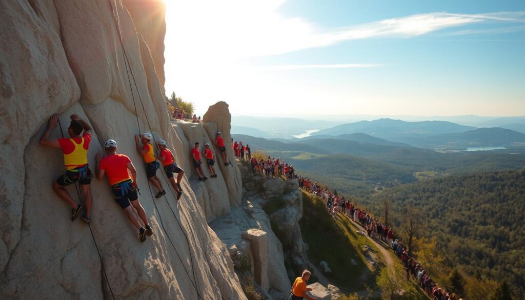 An international rock climbing competition taking place in a stunning natural setting. In the foreground, a group of climbers in vibrant athletic gear cling to the rugged limestone cliff face, their muscles straining as they ascend the challenging route. The middle ground features spectators lining the cliff's edge, their faces alight with excitement as they cheer on the competitors. In the distant background, a breathtaking landscape unfolds, with rolling hills, lush forests, and a clear azure sky overhead, illuminated by the warm glow of the sun. The scene conveys a sense of athletic prowess, international camaraderie, and the beauty of the natural world.