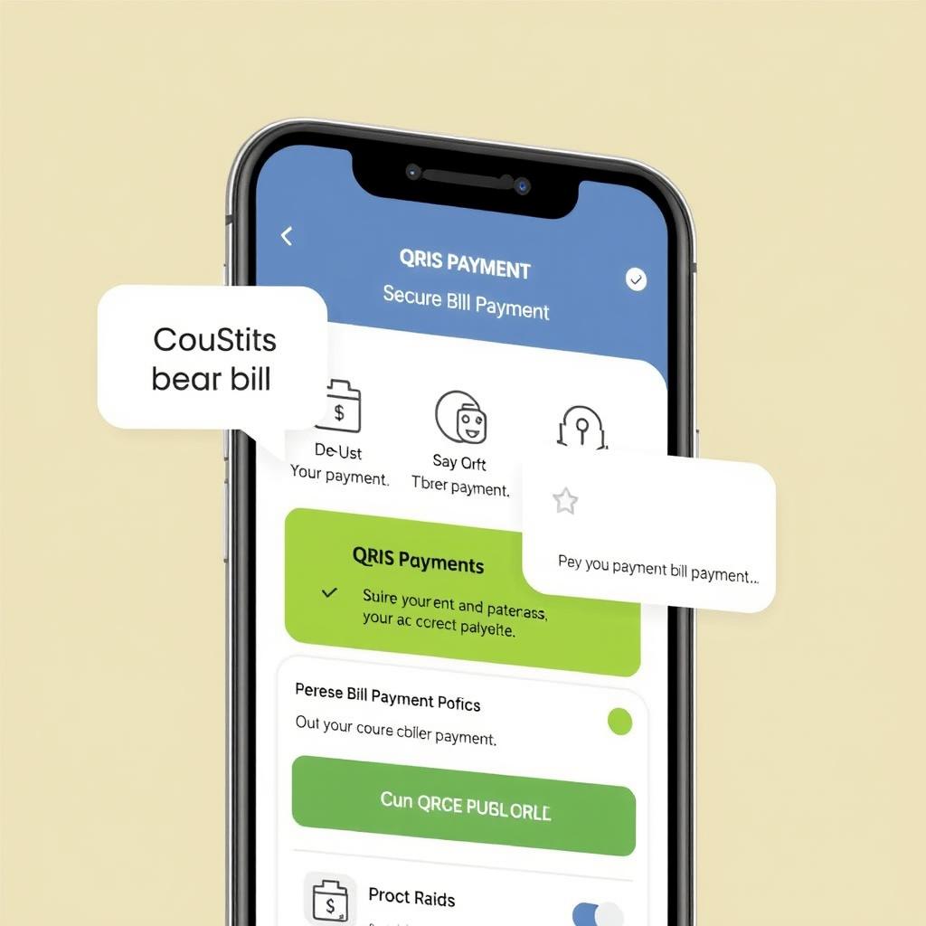 Tampilan aplikasi mobile banking dengan fitur QRIS untuk pembayaran tagihan aman Tampilan aplikasi mobile banking dengan fitur QRIS untuk pembayaran tagihan aman