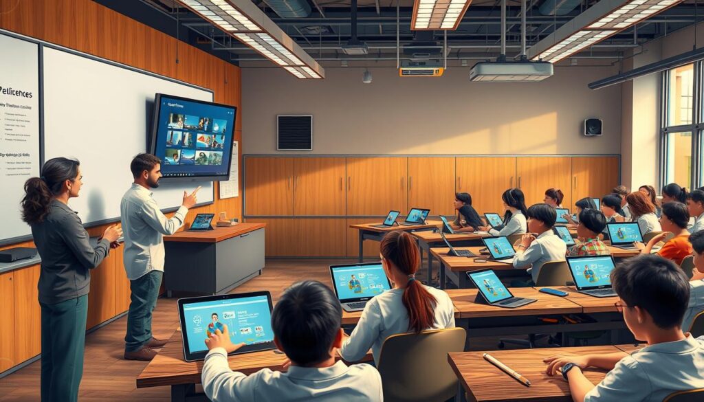 a detailed, photorealistic digital illustration of a classroom setting showcasing the optimization of learning media. In the foreground, a teacher stands at the front of the class, using a touchscreen display to present engaging multimedia content to attentive students. The middle ground features students actively interacting with tablets and laptops, collaborating on interactive learning activities. In the background, the classroom is equipped with state-of-the-art audio-visual equipment, projectors, and learning technology that enhances the educational experience. The scene is bathed in warm, natural lighting that creates a welcoming and productive atmosphere, reflecting the effective implementation of optimized learning media.