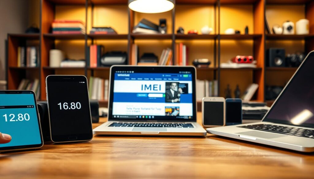 A detailed composition focusing on various devices used to check IMEI numbers, prominently featuring a sleek smartphone, a tablet, and a laptop, all displayed on a wooden desk. The foreground highlights finger movements on the devices’ screens showing IMEI numbers. In the middle, there is an open laptop displaying a website dedicated to IMEI checking. The background softly blurs shelves filled with tech books and small gadgets, creating an inviting atmosphere. The lighting is warm and soft, emulating a cozy workspace, with a slight overhead lamp illuminating the devices. The overall mood is informative and professional, emphasizing technological reliability and authenticity.