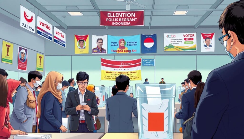 A detailed illustration of the Indonesian legislative election mechanism, showcasing a vibrant, bustling polling station. In the foreground, a group of voters of diverse ethnic backgrounds, dressed in professional business attire, are casting their votes into a transparent ballot box. In the middle ground, election officials manage the voting process, ensuring order and transparency. The background features colorful banners and posters promoting various political parties, adding to the lively atmosphere. Soft, natural lighting creates a welcoming ambiance, while the angle captures the action from slightly above, providing a comprehensive view of the scene. The overall mood is civic engagement and democracy in action, emphasizing the importance of participation in the legislative process.
