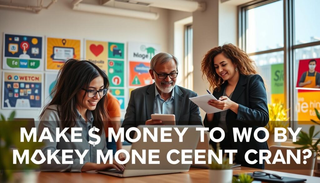 A diverse group of content creators collaborating enthusiastically in a bright, modern workspace. In the foreground, a young woman in smart casual clothing is focused on her laptop, while a middle-aged man in a business attire is discussing ideas with a woman capturing notes. The middle ground features vibrant posters of digital platforms and creative tools, symbolizing the online content creation world. In the background, large windows let in warm, natural light, casting a welcoming glow over the scene. The atmosphere is lively and inspiring, with a sense of collaboration and innovation. The overall image should convey the excitement and potential of making money through online content creation.