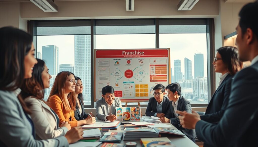 A lively and informative scene depicting the steps to successfully start a franchise business in Indonesia. In the foreground, a diverse group of professionals in smart business attire engaged in a brainstorming session, showcasing collaboration and lively discussion. The middle ground features a large, vibrant display board with diagrams and flowcharts illustrating the franchise process, surrounded by various franchise materials like brochures and sample products. In the background, a window revealing a bustling cityscape of Jakarta, with modern office buildings representing opportunity. Soft, natural lighting filters into the room, creating an inviting atmosphere that inspires entrepreneurship. The perspective is slightly elevated, capturing both the interaction among the people and the elements of the franchise planning process.