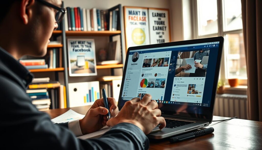 A professional workspace featuring a person analyzing social media content on a laptop. In the foreground, a focused individual in professional attire is jotting down ideas on a notepad, surrounded by colorful charts and graphs. The middle ground showcases a computer screen displaying a Facebook page with engaging posts and analytics. In the background, shelves filled with marketing books and motivational posters of successful social media campaigns create an inspiring atmosphere. Warm, natural lighting filters through a nearby window, casting soft shadows and creating a productive mood. The composition emphasizes the importance of strategic content optimization for increasing earnings on Facebook, suggesting a pathway to success in a digital marketing world.