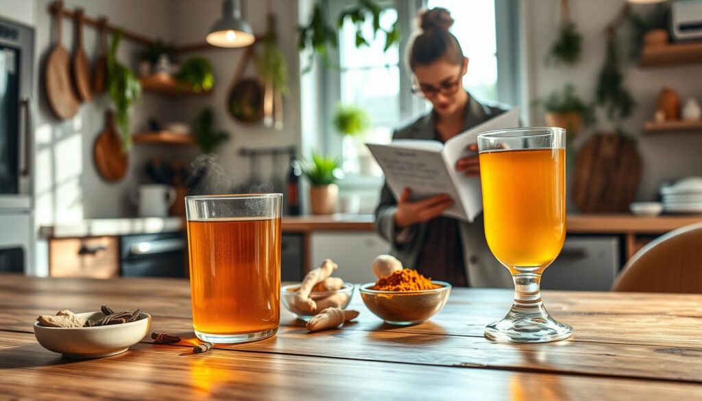 A serene and informative scene depicting the careful use of natural remedies for tooth pain. In the foreground, a wooden table displays a variety of herbal ingredients such as cloves, ginger, and turmeric, arranged neatly in small bowls. A glass of herbal tea is steaming, showcasing the warmth and natural essence. In the middle ground, a professional individual, dressed in a modest outfit, thoughtfully examines a notepad with handwritten notes on natural medicine usage. In the background, a softly lit, cozy kitchen is visible, adorned with plants and herbs hanging, giving a sense of warmth and tranquility. The atmosphere is calm and inviting, illuminated by gentle, natural light filtering through a window, creating a peaceful and informative feel.