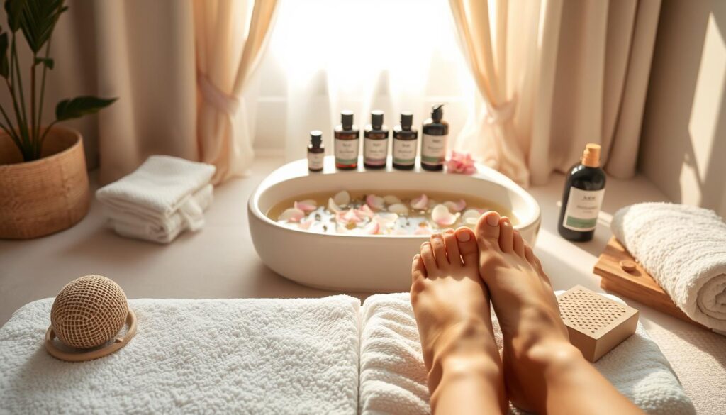 A serene spa setting focused on foot care. In the foreground, a pair of well-groomed feet resting on a soft white towel, with a foot scrubber and a pumice stone elegantly placed nearby. The middle ground features a calming foot bath filled with warm water and delicate flower petals, surrounded by aesthetically arranged essential oils and natural lotions. In the background, soft natural lighting streams through a window adorned with sheer curtains, casting gentle shadows that enhance the peaceful atmosphere. The overall mood should convey relaxation and rejuvenation, inviting the viewer to imagine an effective and enjoyable foot care routine. The scene should be captured with a soft focus lens, emphasizing the textures of the feet and surrounding elements.