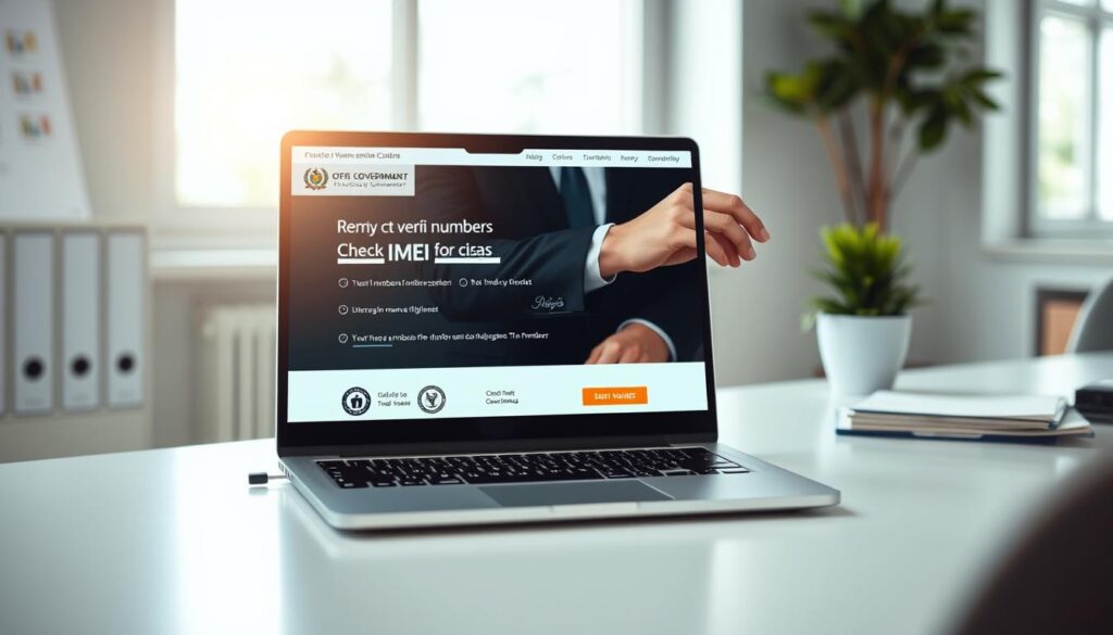 A sleek government website interface displayed on a modern laptop, situated on a clean, professional desk. In the foreground, the laptop screen shows a user-friendly verification page for checking IMEI numbers, complete with official government logos and security features. The middle layer features a hand of a person in smart business attire, intently interacting with the laptop, perhaps entering an IMEI number. The background reveals a neatly organized workspace with a soft-focus effect, hinting at official documents and a potted plant. Bright, natural lighting floods the scene from a nearby window, creating an inviting atmosphere that conveys trust and professionalism. The overall mood is informative and reassuring, aimed at guiding users through the verification process.