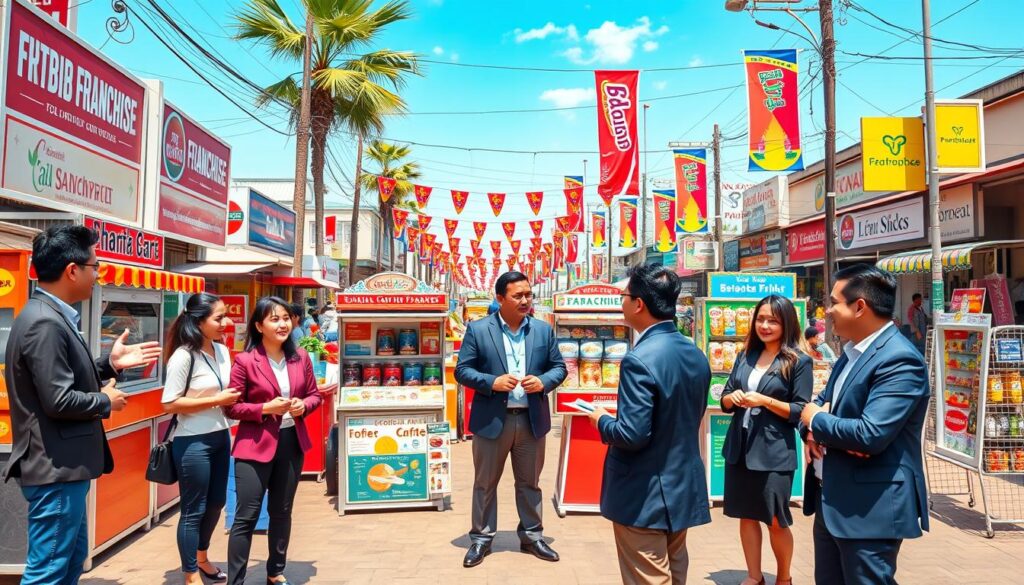 A vibrant and inviting scene depicting a variety of affordable franchise opportunities in Indonesia, with a focus on options under 5 million IDR. In the foreground, a diverse group of entrepreneurial individuals in professional attire discusses franchise options, with enthusiasm evident on their faces. The middle ground features colorful display stands showcasing small franchise products like food carts, coffee kiosks, and retail items, illustrating a lively market atmosphere. The background shows a bustling street filled with small businesses, colorful banners, and a clear blue sky. The lighting is warm and inviting, suggesting a sunny day. The overall mood is optimistic and entrepreneurial, capturing the excitement of starting a budget-friendly franchise.