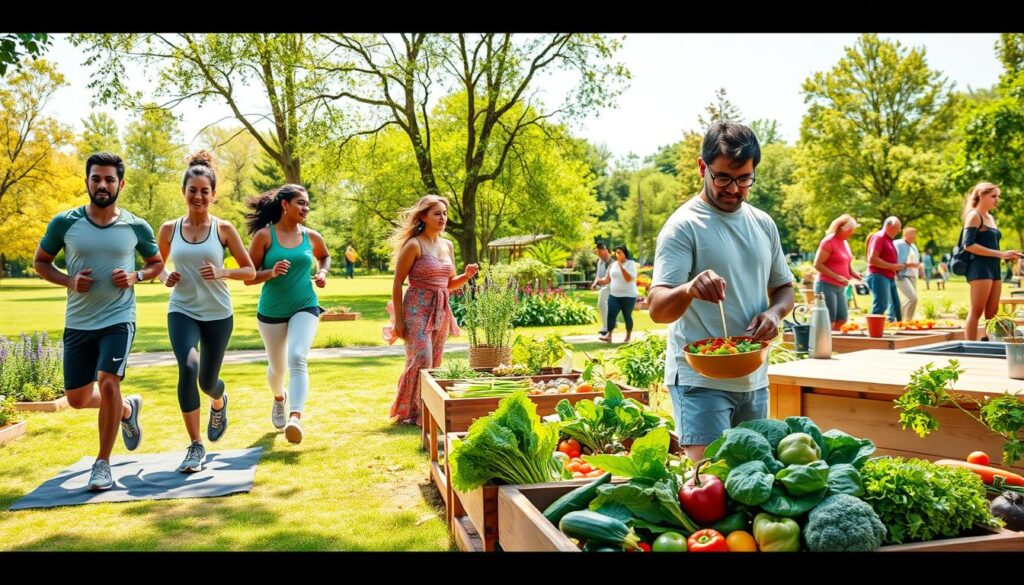 A vibrant, informative scene depicting healthy lifestyle strategies for disease prevention. In the foreground, a diverse group of individuals (men and women of various ethnicities) engaging in healthy activities: a couple jogging in matching athletic wear, a woman practicing yoga on a mat, and a man preparing a colorful salad at a kitchen counter. In the middle ground, a lush community garden with fresh vegetables and herbs, and people of all ages participating in gardening together. The background features a sunny park with green trees and clear skies, conveying a sense of well-being. The lighting is bright and natural, suggesting a warm, inviting atmosphere that inspires healthy living. Aim for a balanced composition that radiates positivity and community health awareness. A vibrant, informative scene depicting healthy lifestyle strategies for disease prevention. In the foreground, a diverse group of individuals (men and women of various ethnicities) engaging in healthy activities: a couple jogging in matching athletic wear, a woman practicing yoga on a mat, and a man preparing a colorful salad at a kitchen counter. In the middle ground, a lush community garden with fresh vegetables and herbs, and people of all ages participating in gardening together. The background features a sunny park with green trees and clear skies, conveying a sense of well-being. The lighting is bright and natural, suggesting a warm, inviting atmosphere that inspires healthy living. Aim for a balanced composition that radiates positivity and community health awareness.