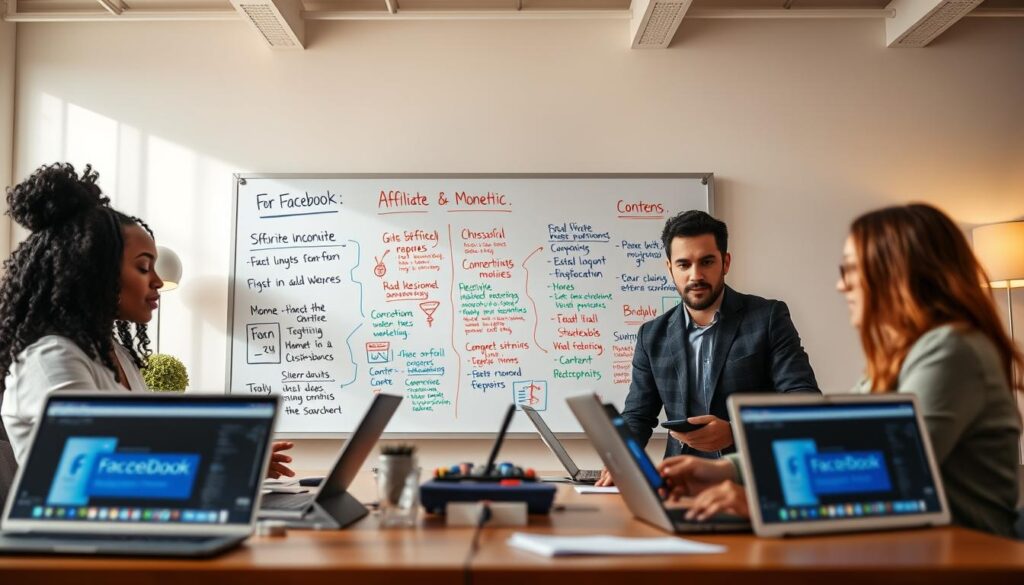 A vibrant office setting illustrating alternative monetization strategies for Facebook. In the foreground, a diverse group of three professionals (a Black woman, a Hispanic man, and a Caucasian woman) are engaged in a brainstorming session with laptops and digital devices displaying Facebook interfaces. In the middle, a large whiteboard filled with colorful diagrams and bullet points about various income-generating ideas related to Facebook, such as affiliate marketing and content creation. The background features a large window with sunlight streaming in, creating a warm, inviting atmosphere. Soft desk lamps enhance the professionalism, while a slight blur on the edges emphasizes the focus on the team and the whiteboard’s details. The overall mood is collaborative and innovative, with a clear sense of purpose and optimism.