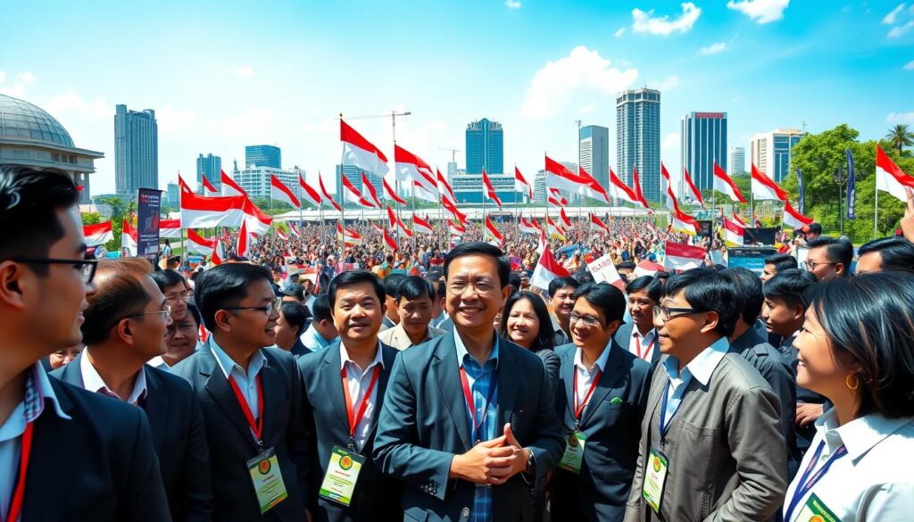A vibrant political gathering scene showcasing diverse members of various Indonesian political parties participating in the legislative elections. In the foreground, a group of men and women in professional business attire, energetically discussing and sharing ideas, with identifiable party symbols subtly featured on their badges. The middle layer depicts a colorful backdrop of campaign posters and flags representing multiple parties, creating an atmosphere of spirited competition. The background features a modern cityscape of Jakarta, with clear blue skies and bright natural lighting enhancing the lively mood of the event. The composition should maintain a dynamic perspective, captured from a slightly elevated angle to encompass the whole gathering while highlighting the enthusiasm and dedication of the political participants. The overall feel should be optimistic and engaging, reflecting the importance of political engagement in Indonesia.