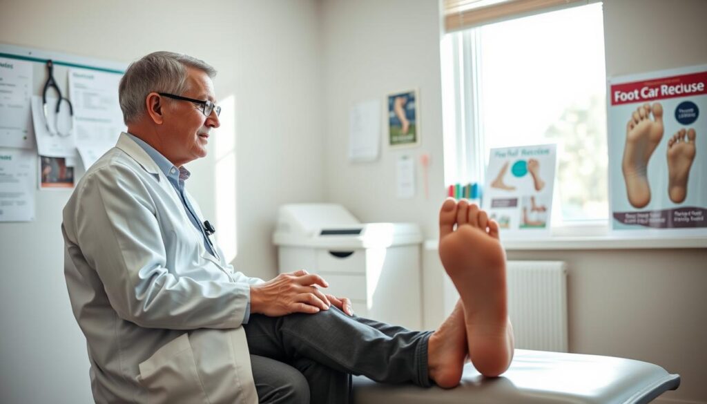 A warm, inviting doctor's office scene, featuring a middle-aged physician dressed in professional business attire, attentively consulting with a patient sitting on an examination table. The doctor is showing empathy while discussing foot care, specifically addressing calluses on the soles of the feet. The patient, dressed in modest casual clothing, looks engaged and attentive, surrounded by calming colors and soft, natural light streaming in through a window. In the background, medical charts and a foot care poster can be subtly seen, enhancing the clinical atmosphere. The composition should have a close-up focus on the interaction, emphasizing the concern and professionalism of the doctor, projecting a reassuring and informative mood.